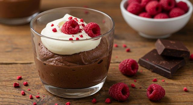 Comment préparer une mousse au chocolat noir intense avec éclats de framboises ?